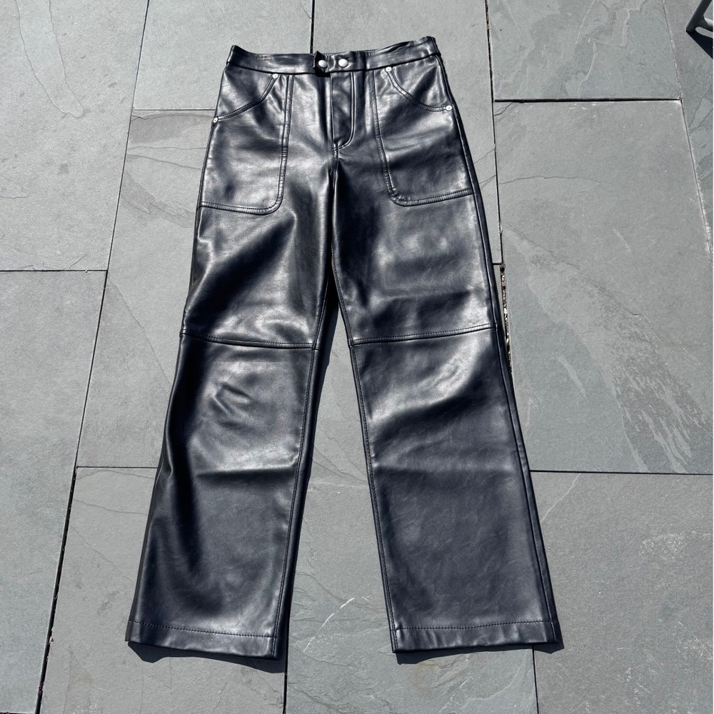 BlankNYC Faux Leather Pants Women 26 Black High Rise Wide Leg Patch Pocket‎